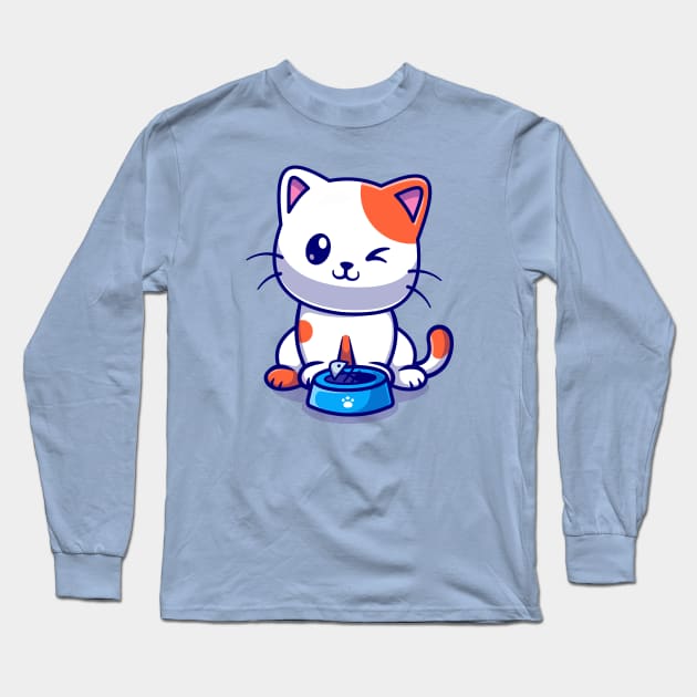 Cute Cat Eating Fish Cartoon Long Sleeve T-Shirt by Catalyst Labs